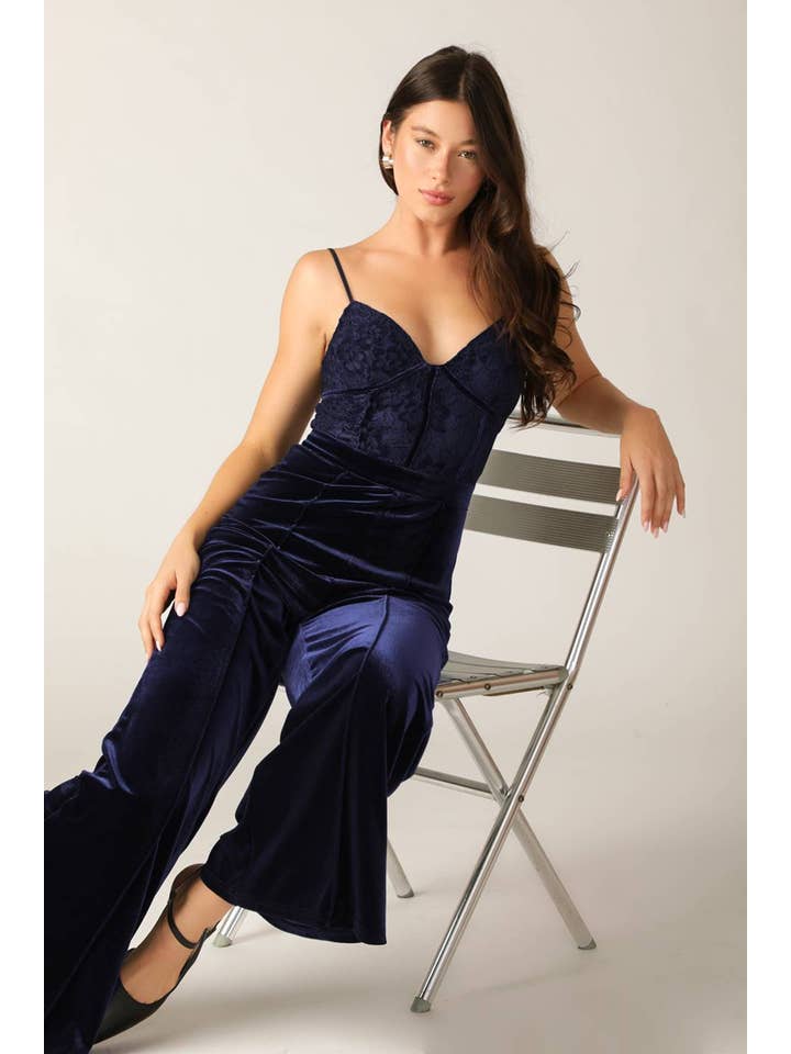 NAVY A woven lace and velvet jumpsuit - IP8665 for wholesale on Faire
