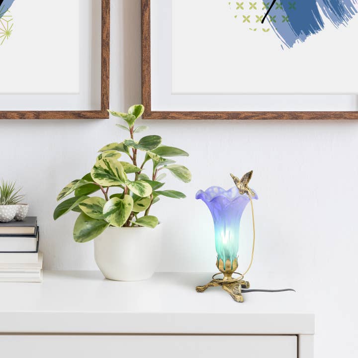 River of Goods - Wholesale Accent/Desk Lamp - 9"H Purple/Blue Hand Painted Glass Hummingbird Lily Lamp