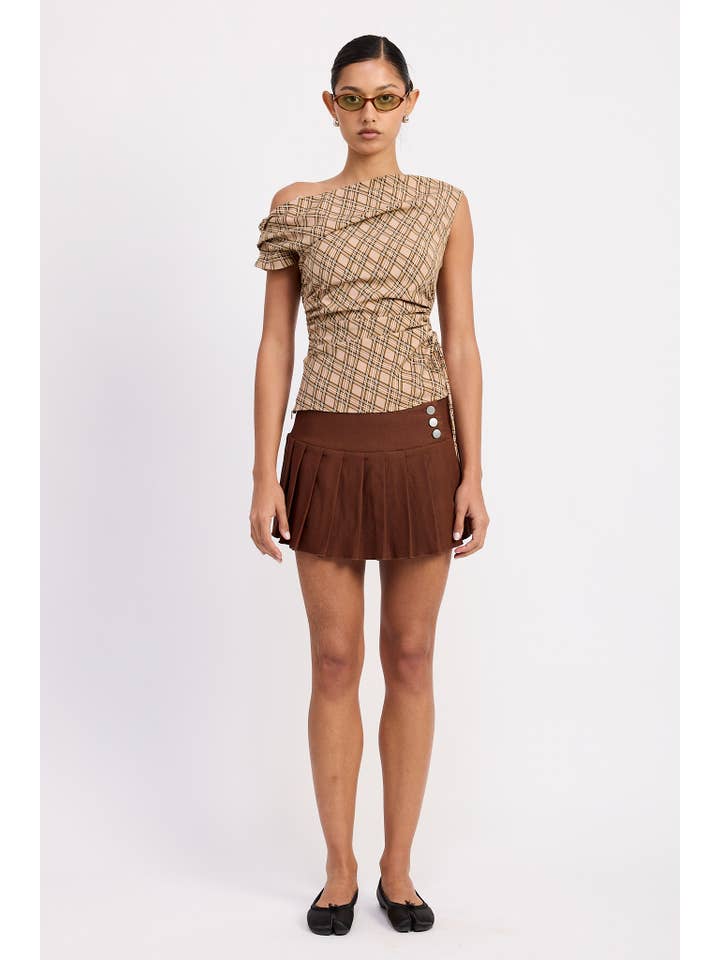 ASYMMETRIC ONE SHOULDER RUCHED PLAID TOP for wholesale on Faire