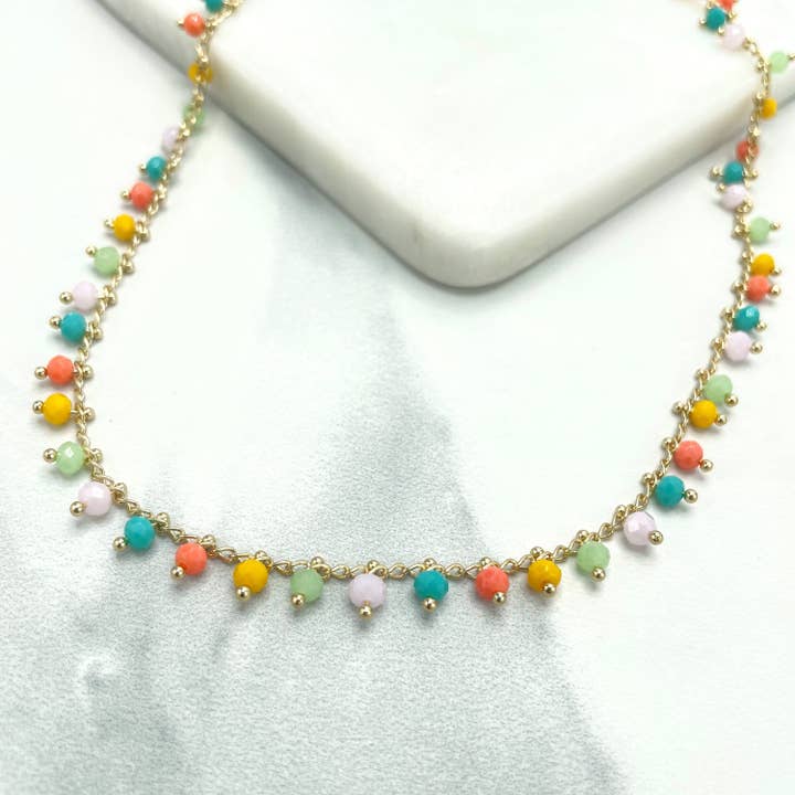 18k Gold Filled Colored Colorful Dangle Beads Charms Linked Chain Necklace, Wholesale Jewelry Making Supplies for wholesale by DIJU Jewelry
