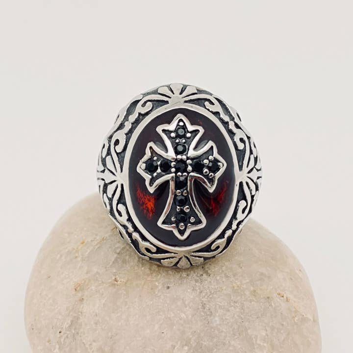 Mio Queena - Wholesale Signet Ring - Stainless Steel Red Enamel Crusader Ring - MJ/MR/GT1