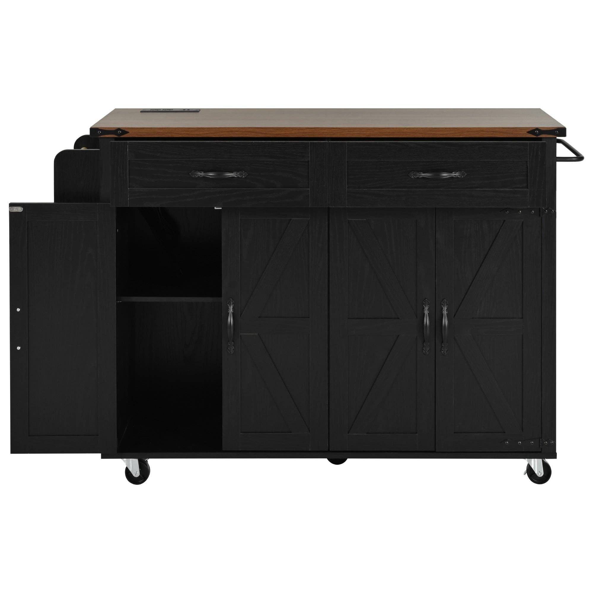 Orange County Decor - Wholesale Kitchen Storage/Organizer - K&K 53.5''Farmhouse Kitchen Island With Power Outlet, Kitchen Storage Island With Drop Leaf, Spice Rack And Drawer, Rolling Kitchen Cart On Wheels, For Home, Kitchen And Dining Room, Black Black27