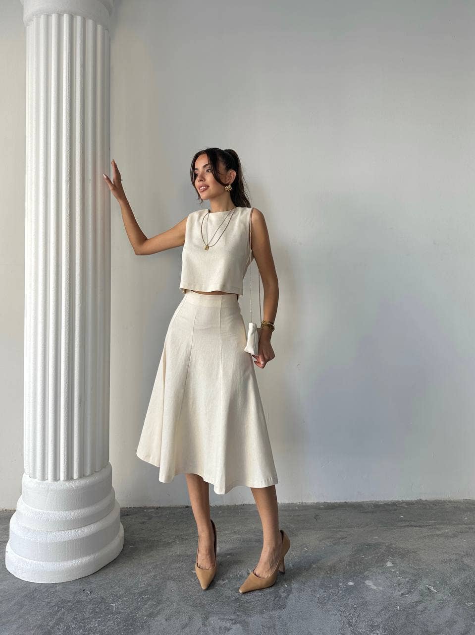 Design company-Fatma Balkir - Vente Ensemble haut et jupe - Femme - Ensemble élégant en lin avec jupe midi et blouse courte - Tailleur jupe0