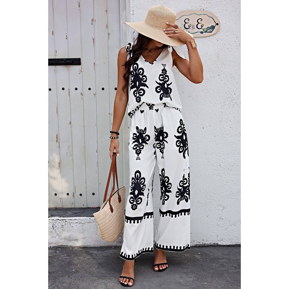 WHITE Floral Knot Shoulder Sleeveless Elastic Waist Sets for wholesale on Faire4