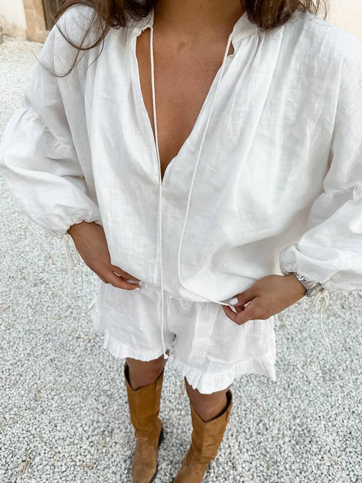 Lily Clothing - Wholesale Top & Short Set (NOT Loungewear) - Women's - Solid color V-neck top shorts cotton linen suit