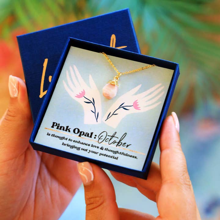 Collar personalizado de ópalo rosa con piedra natal de octubre para venta al por mayor de Lucent Studios Ltd