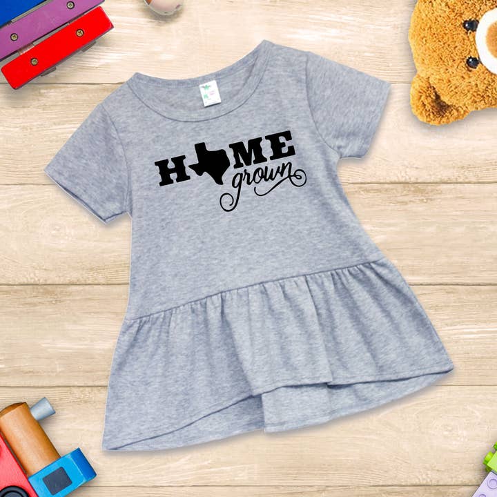 Texas Home Grown - Heather Gray Peplum - PolyCotton Blend for wholesale by ImprintKidsClothing