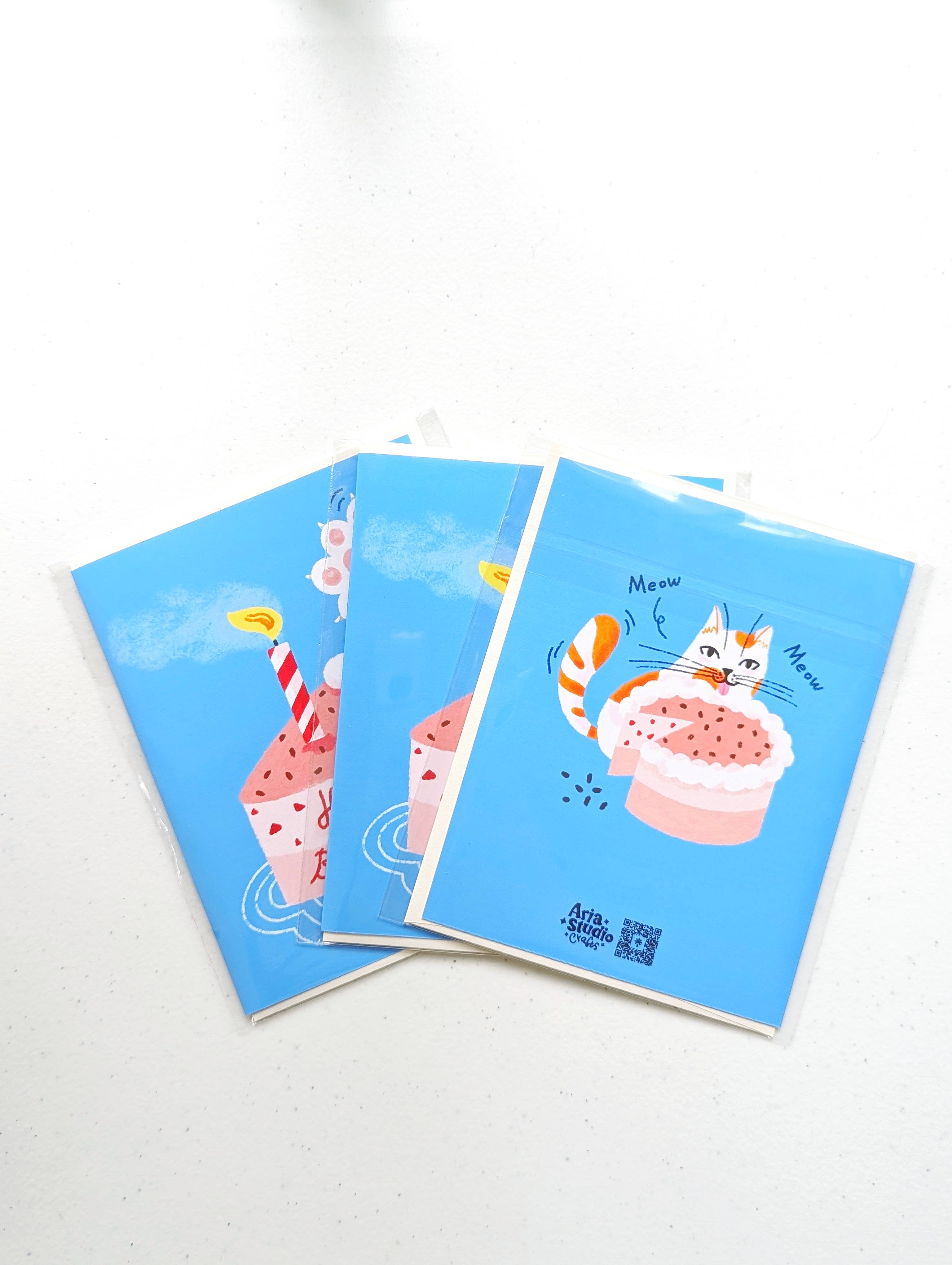 Aria Studio Crafts - Wholesale Thank You Card - Cat and Slice cake Birthday Card