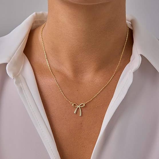 Faith & Life Christian Brands – wholesale Pendant/charm necklace – Dainty "Saved By Grace" 14k Gold Inspirational Bow Necklace1