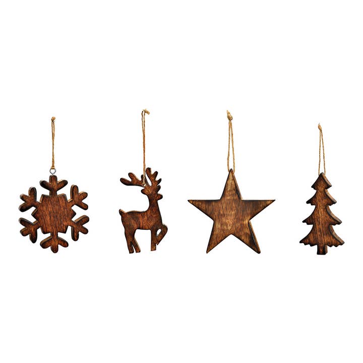 Christmas Hanger Star Tree Deer Snowflake made of Mango Wood, Brown, 4-piece (W/H/D) 12x12x1cm for wholesale by Wurm