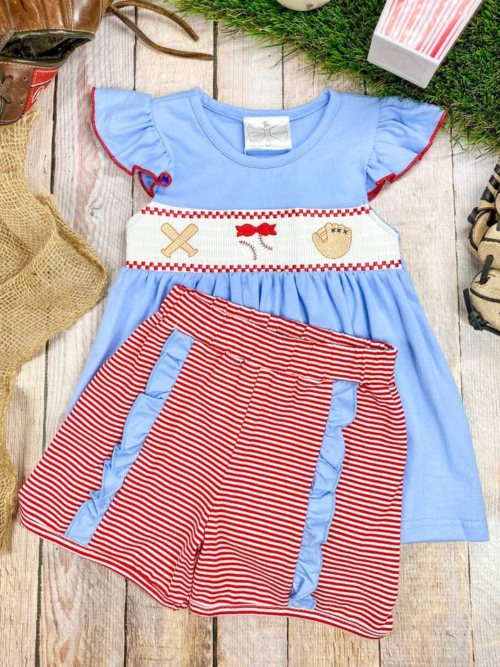 Baseball Embroidered Smocked Shorts Set for wholesale by The Hair Bow Company