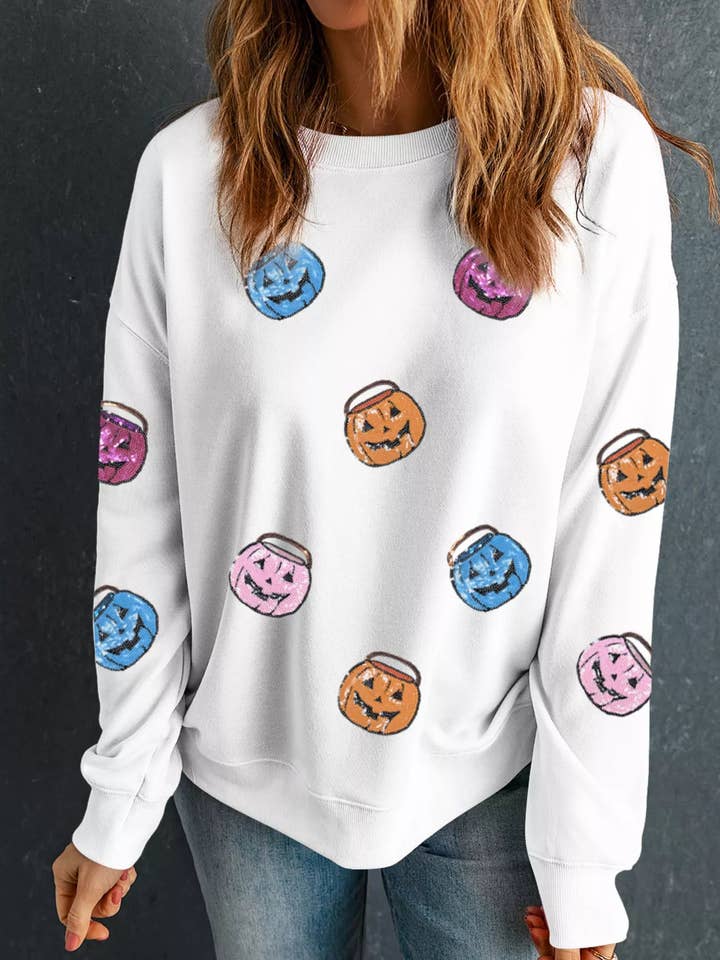 Halloween Pumpkin Lantern Sequin Patched Sweatshirt for wholesale by Salty Bloom