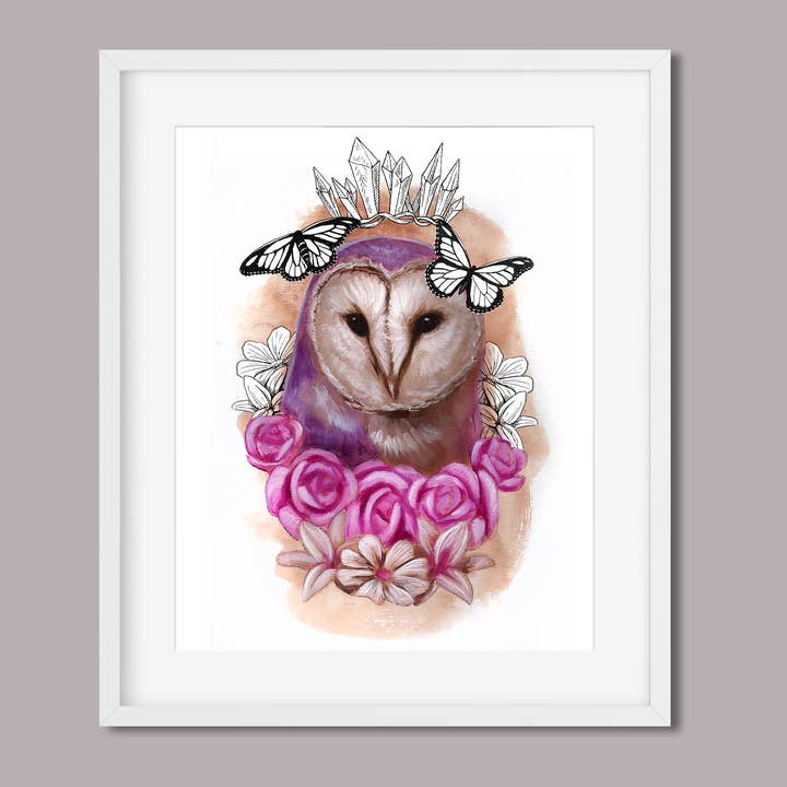 8"x10" Art Print | Pink Barn Owl | Queen of Swords for wholesale by Joyseeker Tarot