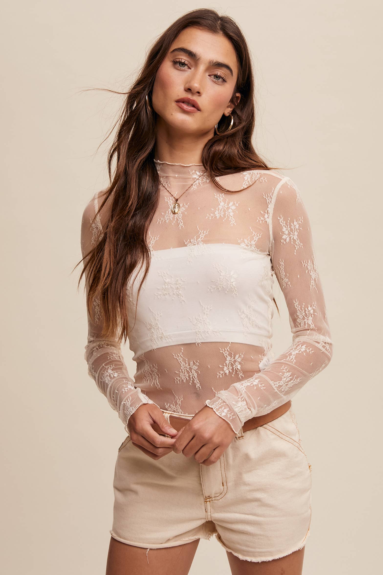 Listicle - Wholesale Blouse - Women's - Sheer Lace Long-Sleeve Top77