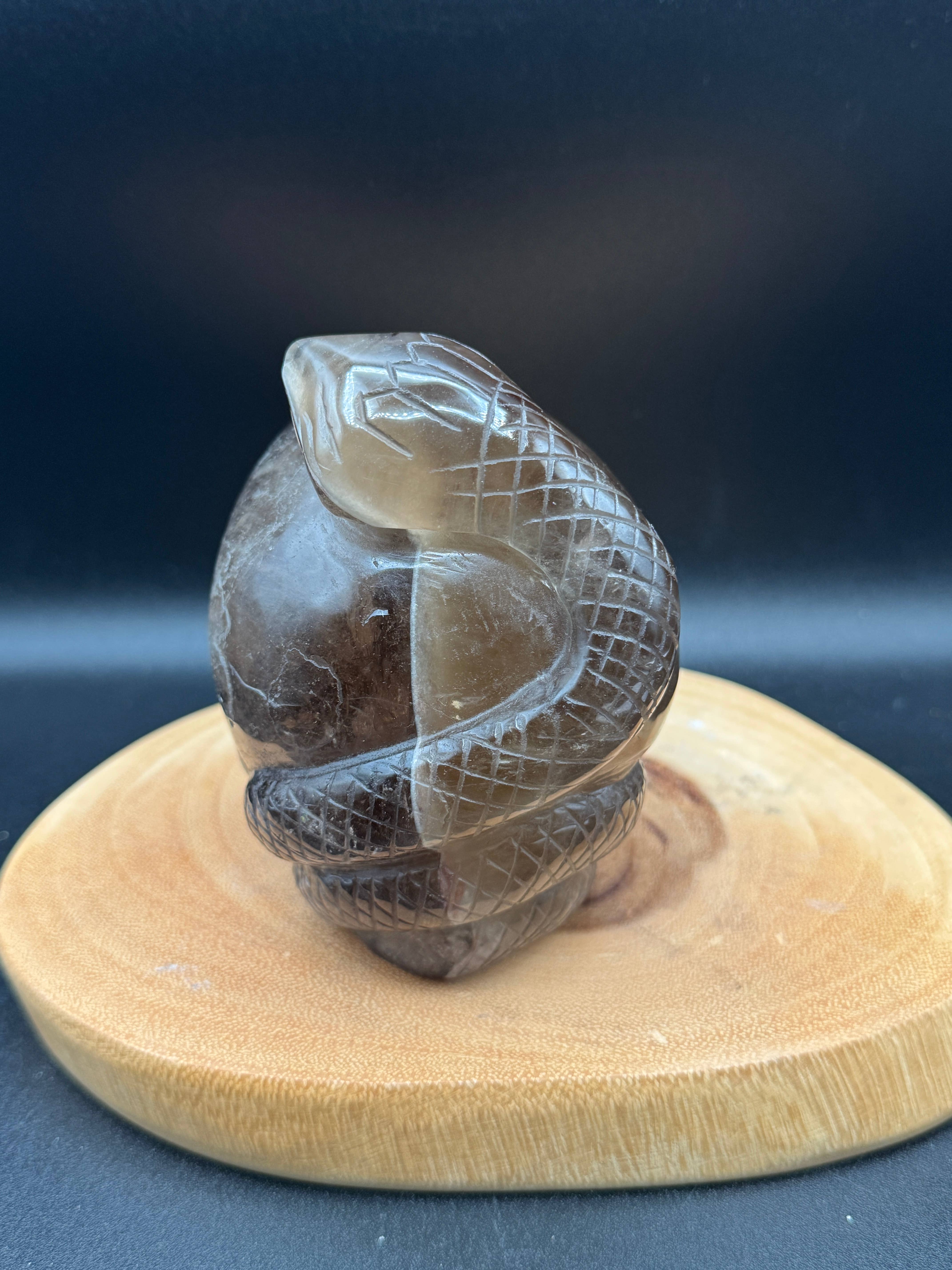 The 7 Directions - Wholesale Spiritual Stone/Crystal - 3.9 lb Unique Smoky skull w/ snake carving H364