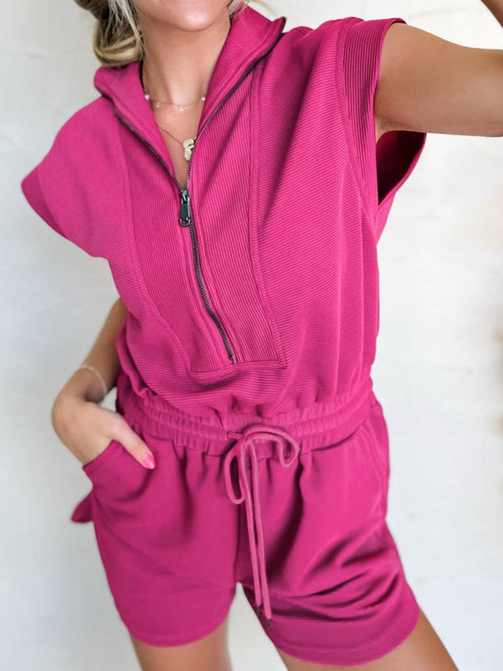 Rose Red Textured Short Sleeve Half Zip Drawstring Waist Romper for wholesale by Azzurro