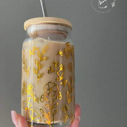 Mason Jar Mayhem - Wholesale Drinking glass/cup - Gold Spring Flower Libbey Iced Coffee Glass