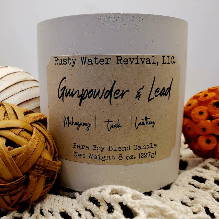 Gunpowder & Lead Wooden Wick Candle, Wax Melts & Spray for wholesale by Rusty Water Revival, LLC.