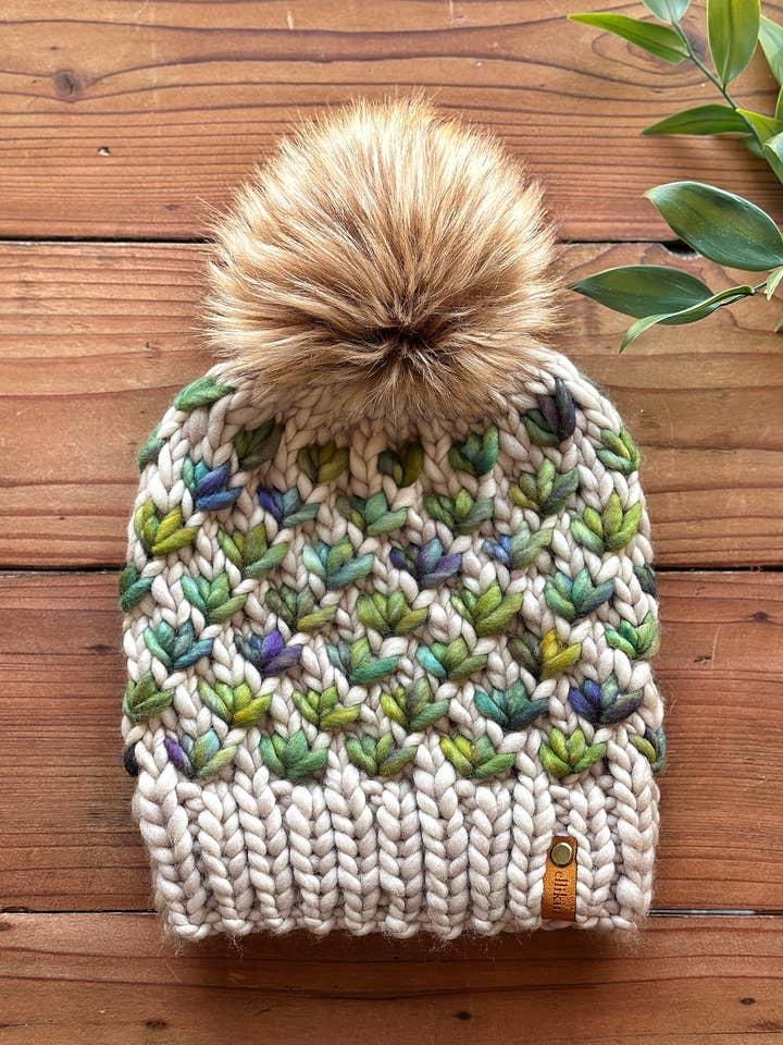 Lotus Flower Beanie in Fog/Indecita for wholesale by Ellikin Knits