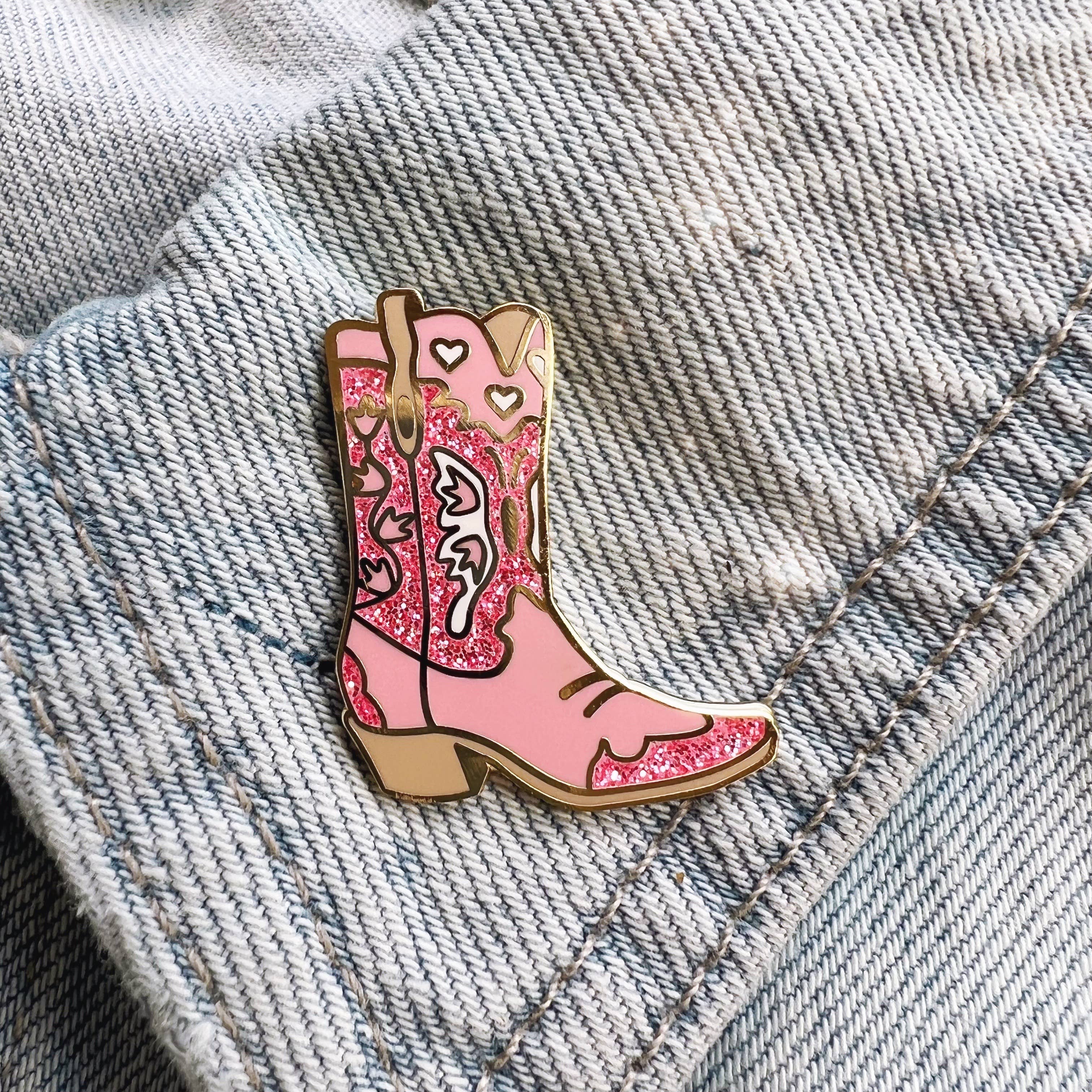 Wildflower + Co. - Wholesale Lapel Pin/Button - Cowgirl Boot Enamel Pin, Pink1