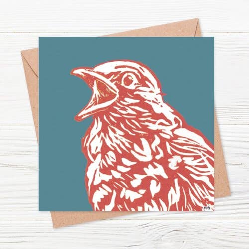 Nightingale Linocut Everyday Greetings Card for wholesale by The Littlest Falcon