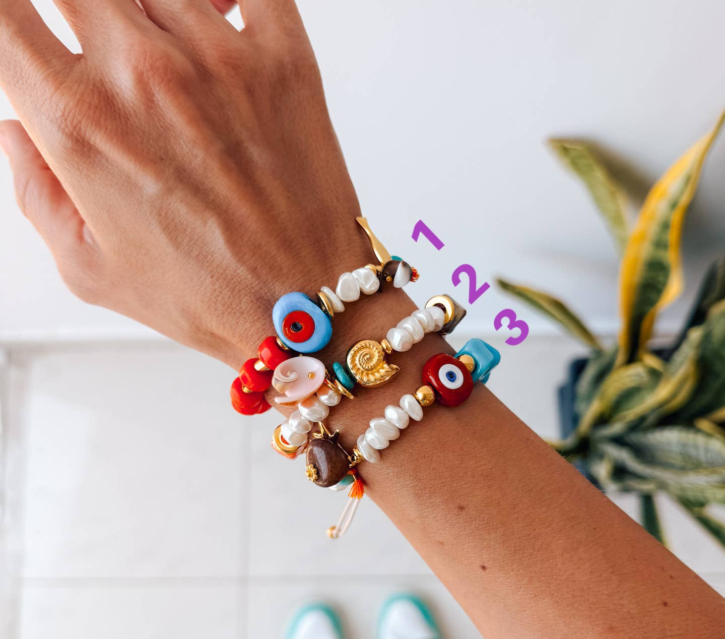 Goupi – wholesale Beaded bracelet – Bohemian Bracelets ,Pearls, Glass Eyes & Gold Summer Charms1