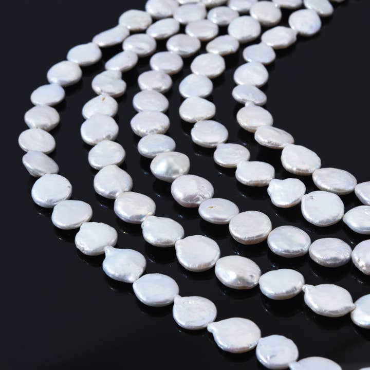 findings4uGem - Wholesale Beaded/Pearl Necklace - Natural Freshwater White Flat Coin Pearl Beads, FWP014