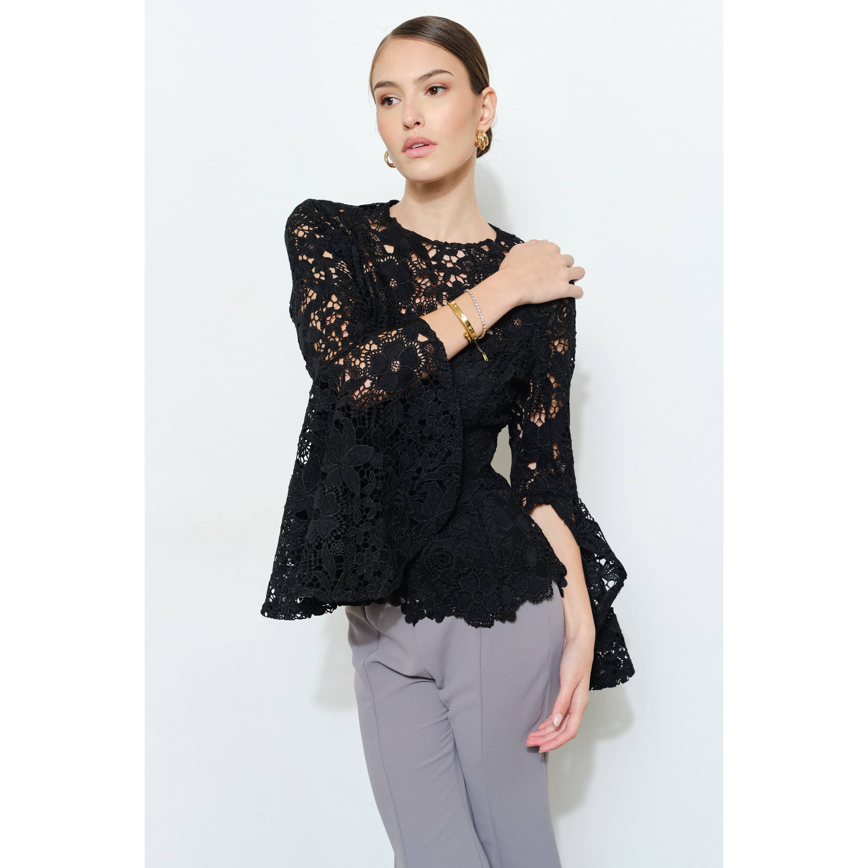 INA - Wholesale Blouse - Women's - Floral Lace Slitted Long Sleeves Blouse Woven Top19