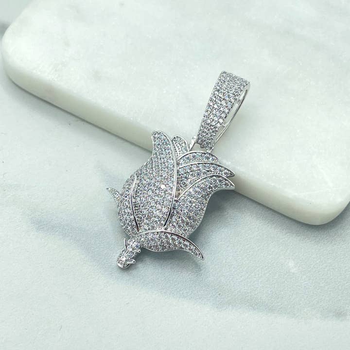 DIJU Jewelry - Wholesale Individual Charm/Pendant - 18k Gold Filled or Silver Filled Micro Pave Flower Tulip Shape Pendant Only, with Large Bail, Wholesale Jewelry Making Supplies1