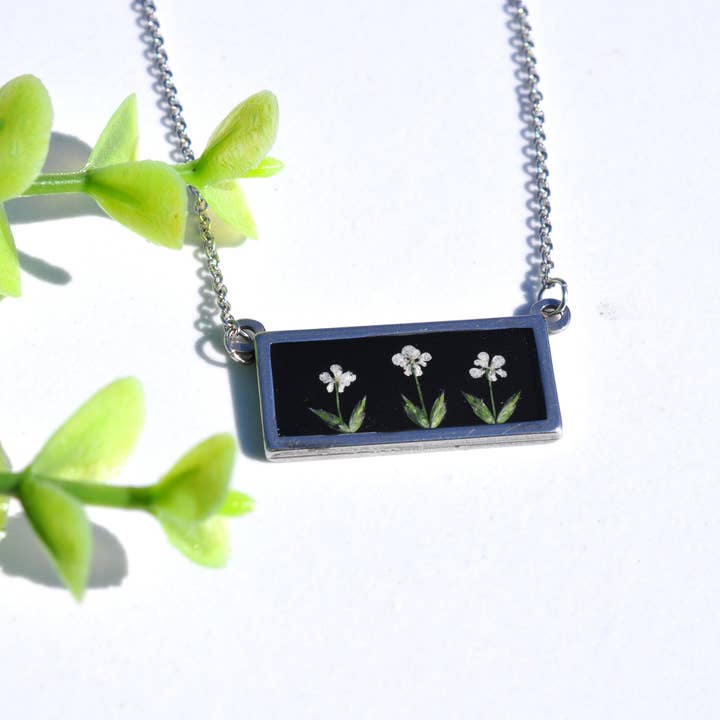 Pressed Flower Rectangle Bar Necklace for wholesale by My Beverly Jewelry