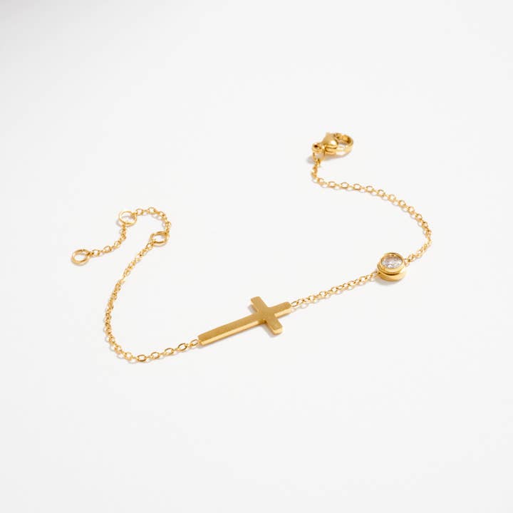 GD Gold-Tone Cross Bracelet with CZ Accent – Dainty Adjustable Faith Bracelet for wholesale on Faire2
