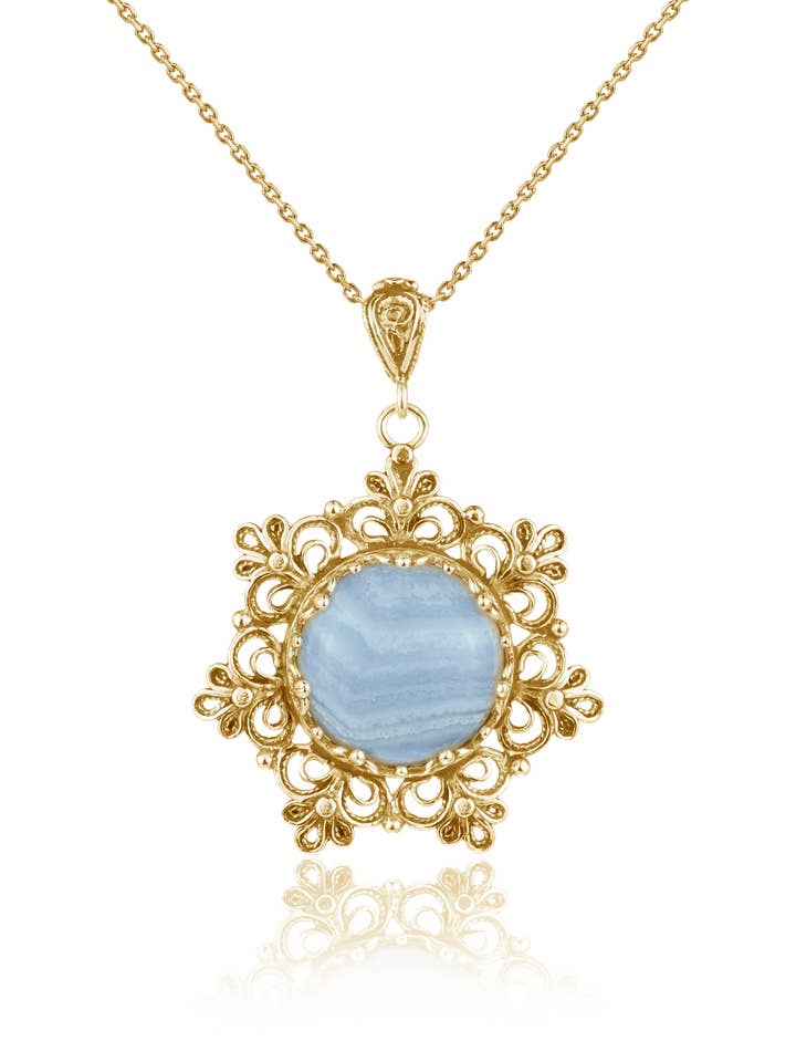 Gold Plated Silver Blue Lace Agate Pendant Necklace for wholesale by Filigranist Jewelry