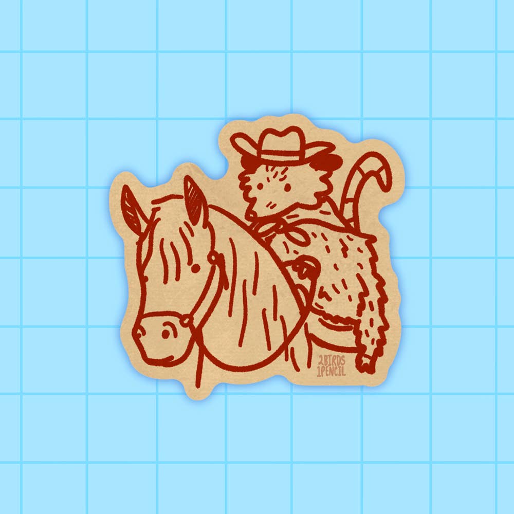 2Birds1Pencil Illustrations – wholesale Sticker – Cowboy Possum Mini Vinyl Sticker0