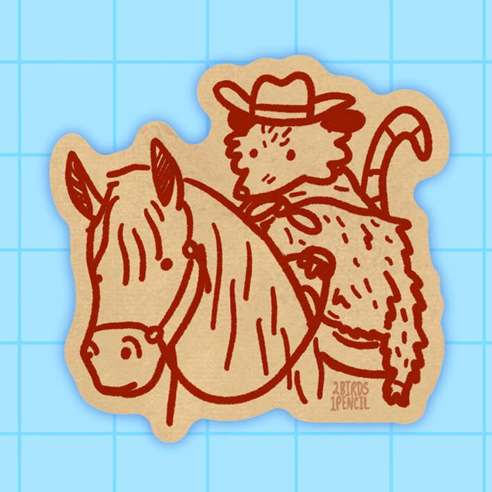 Cowboy Possum Mini Vinyl Sticker for wholesale by 2Birds1Pencil Illustrations