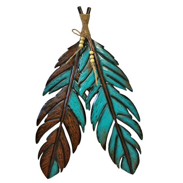 De Leon Collections - Wholesale Wall Accent - METAL DOUBLE FEATHERS WALL HANG TEAL/BROWN 1