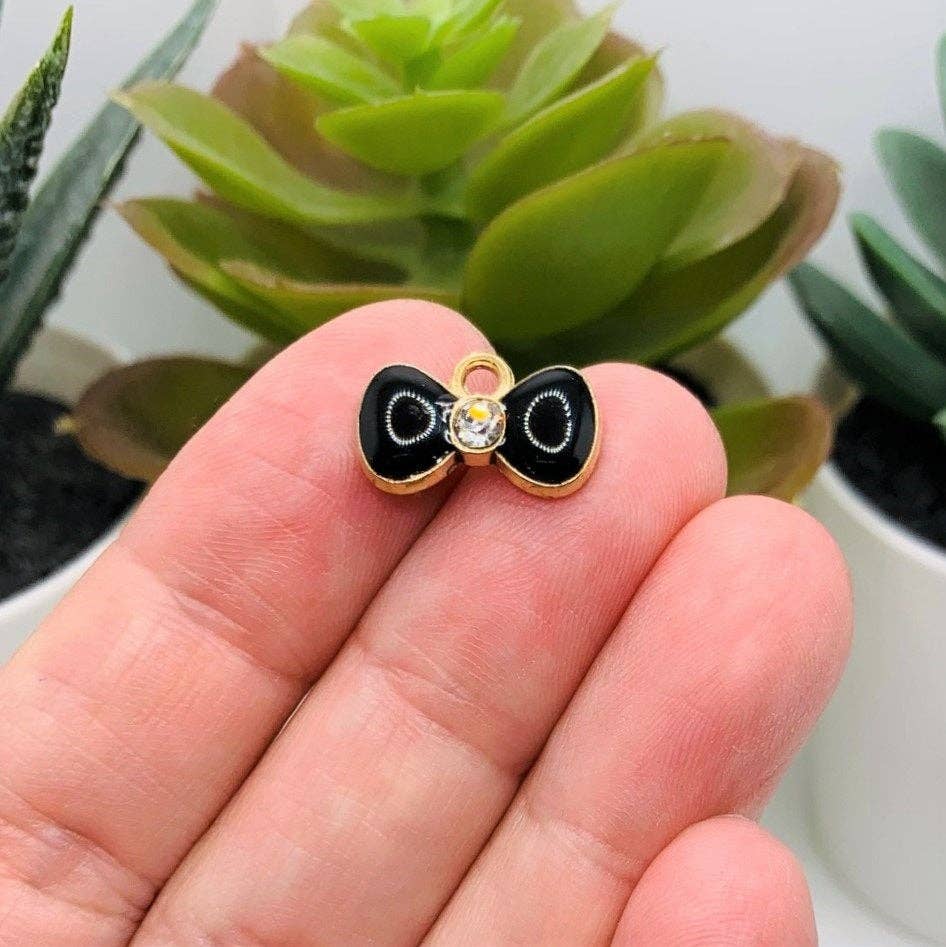 Guerrilla Charm - Wholesale Individual Charm/Pendant - Small Black and Gold Bow Charms with Rhinestone, 9x15mm1