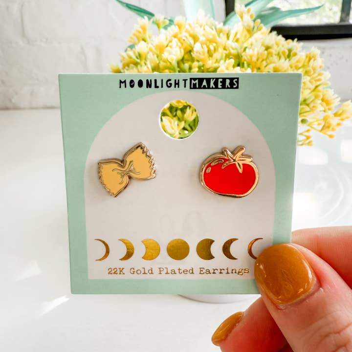 Moonlight Makers - Wholesale Stud/Post Earrings - Tomato & Pasta Earrings - 22k Gold Plated Studs1