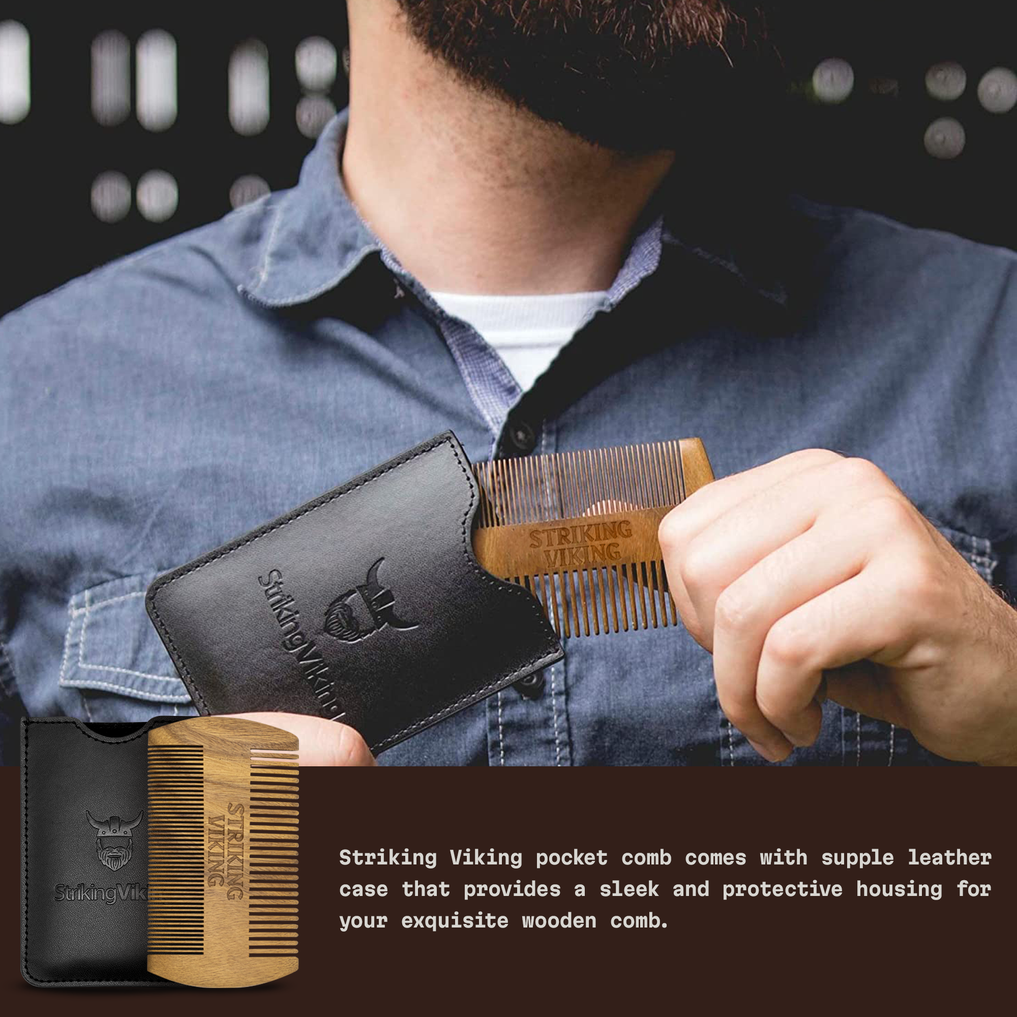 Striking Viking - Wholesale Beard Brush/Comb - Sandalwood Wooden Beard Comb - Black2