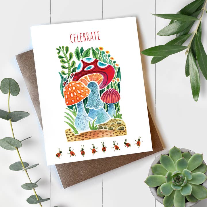 Mary M Spencer Design - Wholesale Congratulations Card - Dancing Ladybugs & Mushroom "Celebrate" Blank Note Card