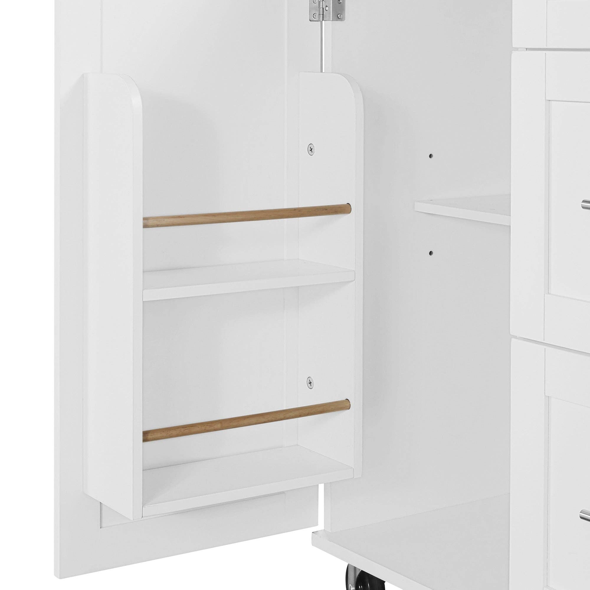 Orange County Decor - Wholesale Kitchen Storage/Organizer - K&K Rolling Kitchen Island With Storage, Kitchen Cart With Rubber Wood Top, 3 Drawer, 2 Slide Out Shelf And Internal Storage Rack, Kitchen Island On Wheels With Spice Rack & Tower Rack, White White15