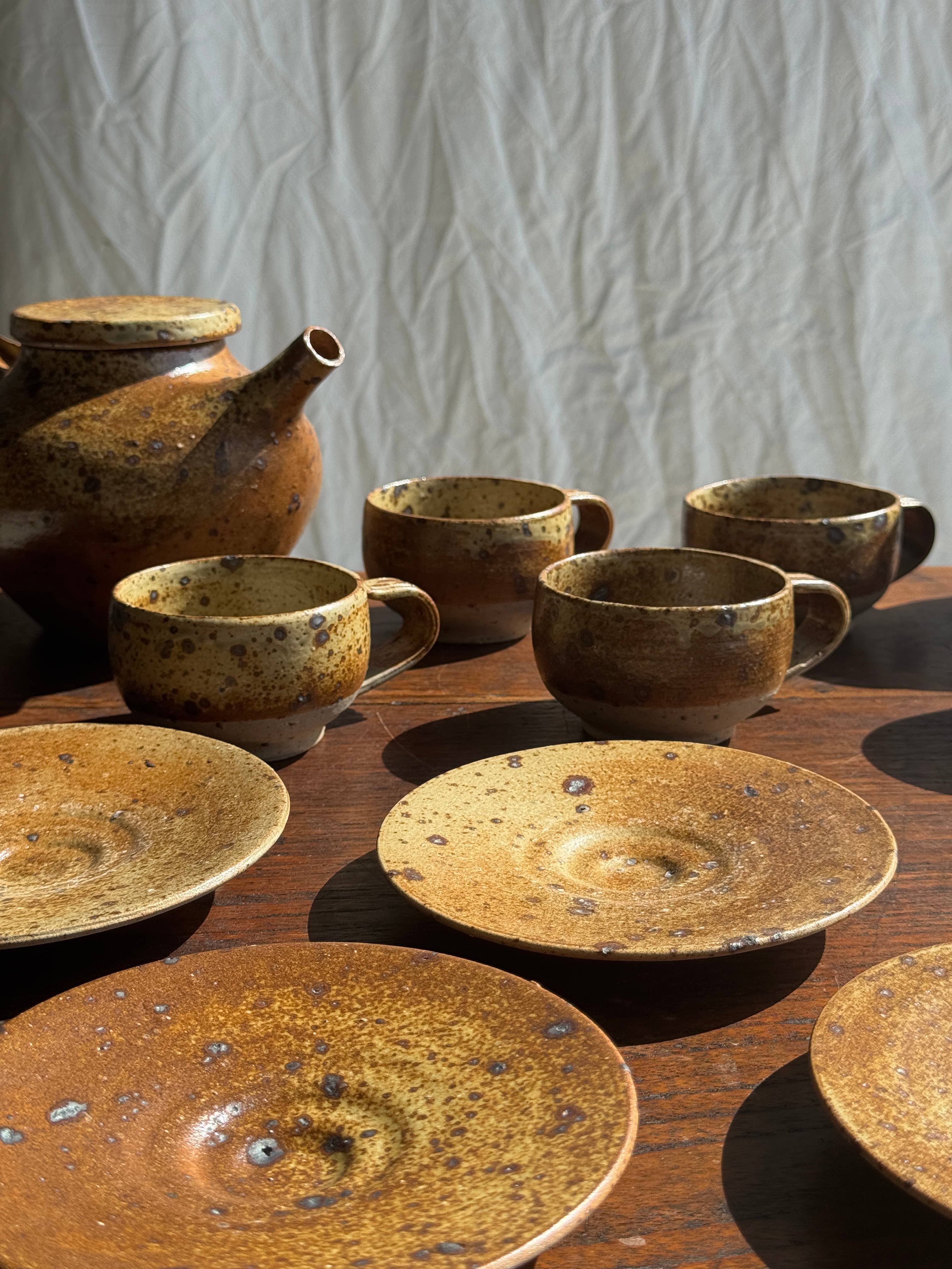 brown Small stoneware tea set with teapot, cups, sugar bowl for wholesale on Faire11
