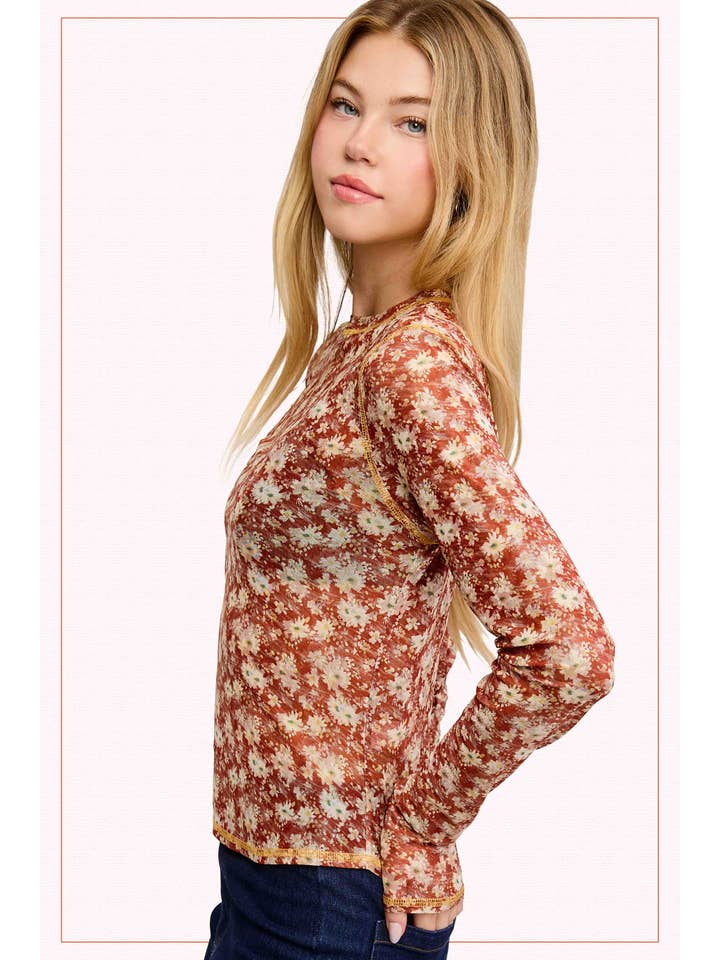 La Miel - Wholesale Knit Top - Women's - JCT7701-Semi Sheer Crew Neck Long Sleeve Mesh Layering Top7