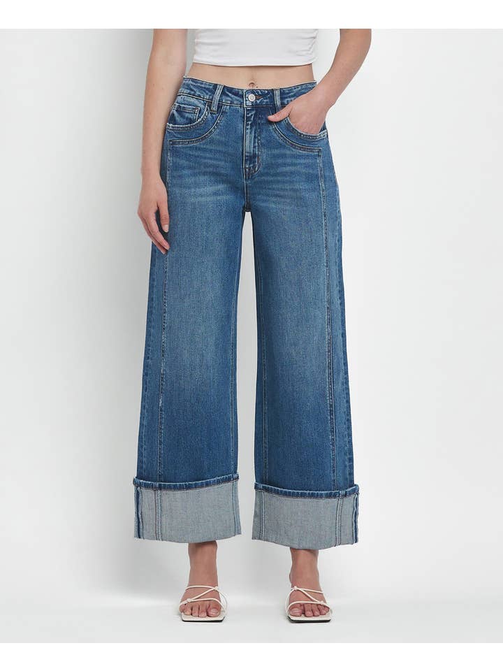 JOYSOME SUPER HIGH RISE CUFFED BAGGY WIDE JEANS F5856 for wholesale on Faire