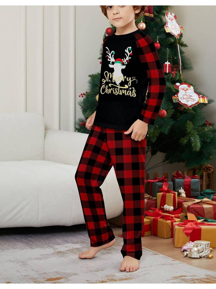 Anna Kaci Wholesale - Wholesale Sleepwear Set - Unisex - Family Christmas Pajama Set with Black Tops Red Plaid Pants6