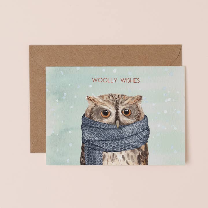 Woolly Wishes Owl Christmas Card - Single for wholesale by Mister Peebles