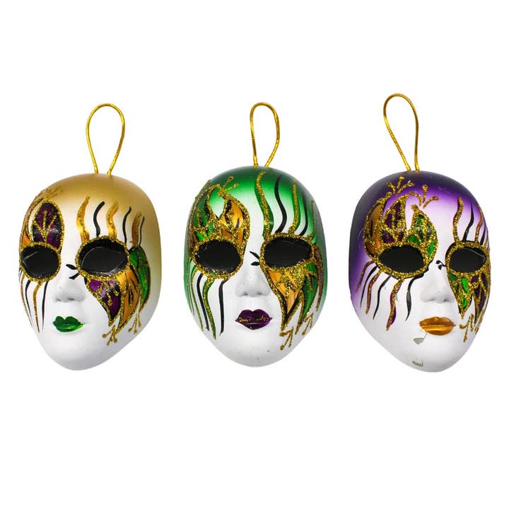 4 x 2.5" Glitter Mask Purple, Green, and Gold Ornament (Each) for wholesale by Plush Appeal LLC