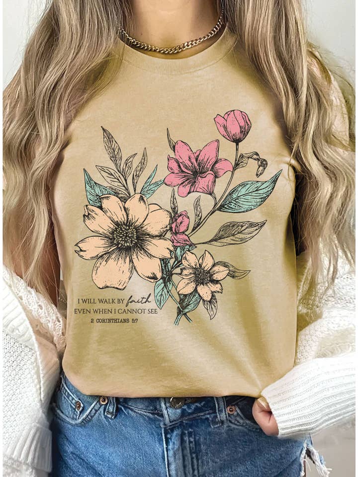Rustee Clothing - Wholesale Screen Printed T-Shirt - Women's - I WILL WALK FAITH FLORAL GRAPHIC TSHIRTS