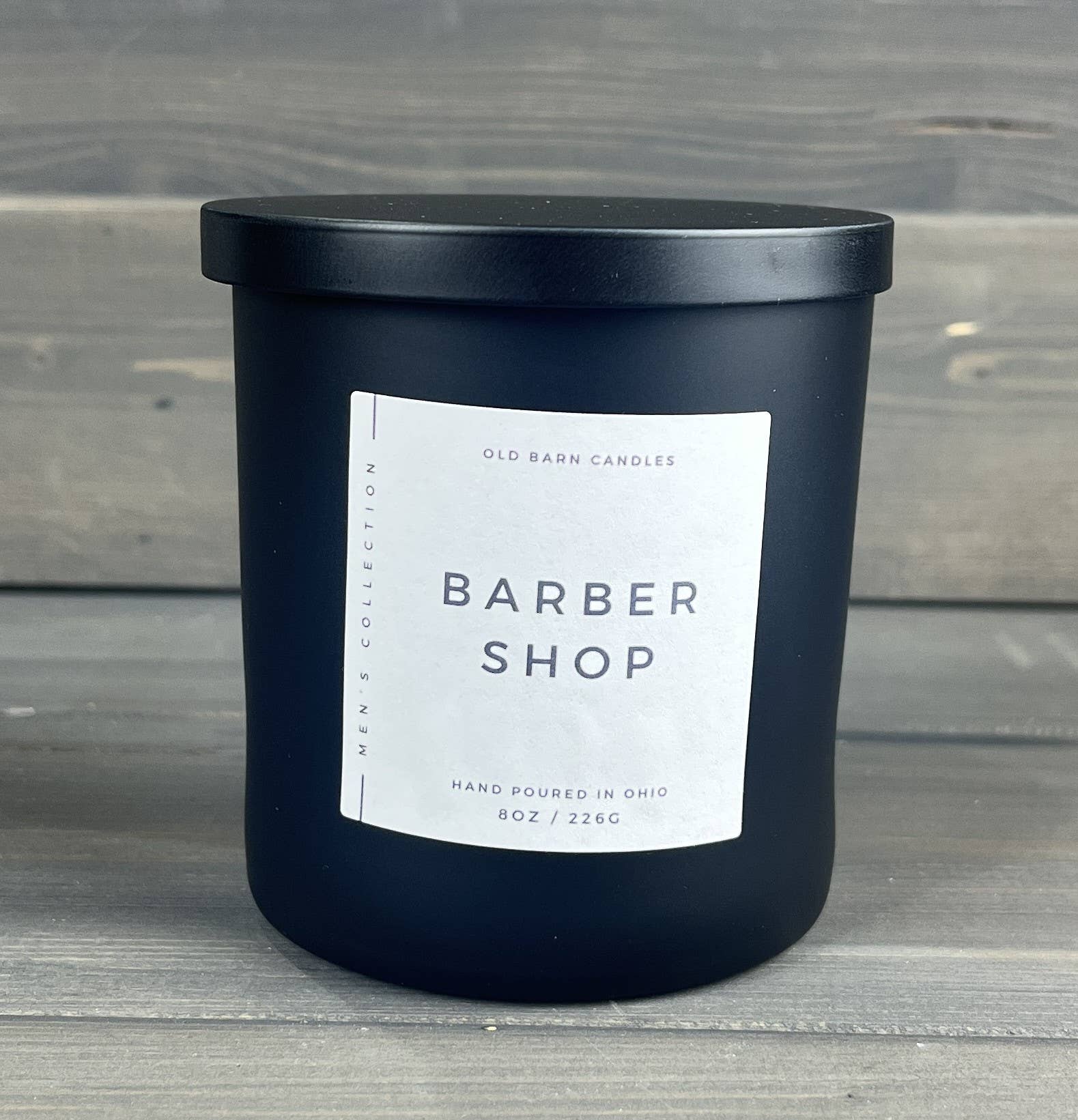 Old Barn Candles - Wholesale Jar/Filled Candle - Barber Shop Matte Black Soy Jar Candle Wood Wick Masculine 2