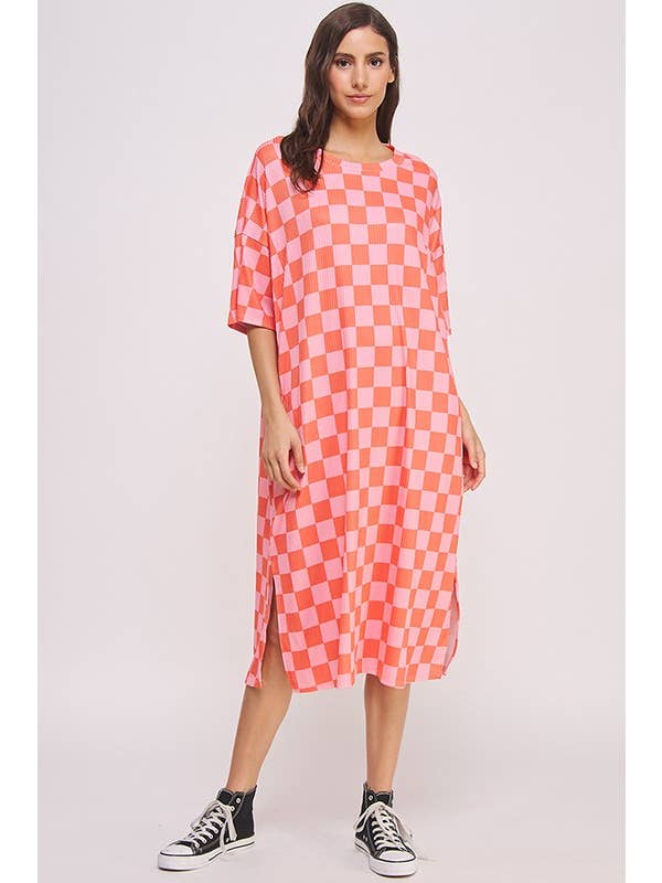 JADE BY JANE - Wholesale Dress - Women's - 1/2 SLEEVE RIBBED CHECKERBOARD MIDI DRESS