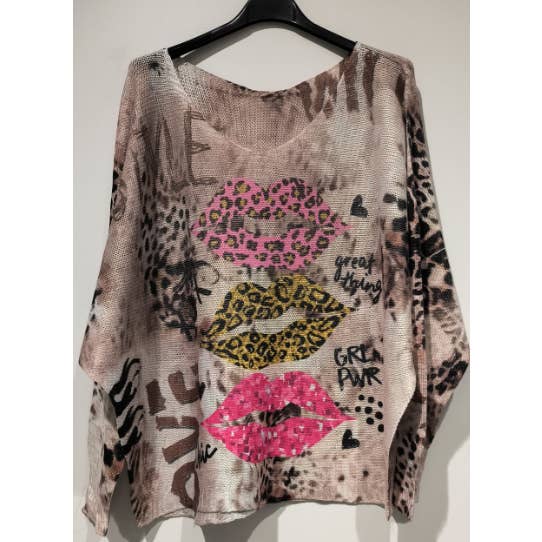 COLIP Beige Lips V-Neck Knit Printed Sweater LOOWIE for wholesale by LOOWIE